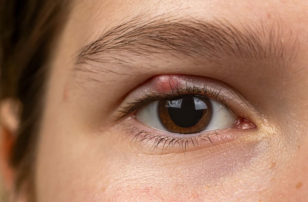 A close-up of a human eye with a small, red, swollen bump on the upper eyelid, illustrating a stye or a symptom of clogged Meibomian glands.