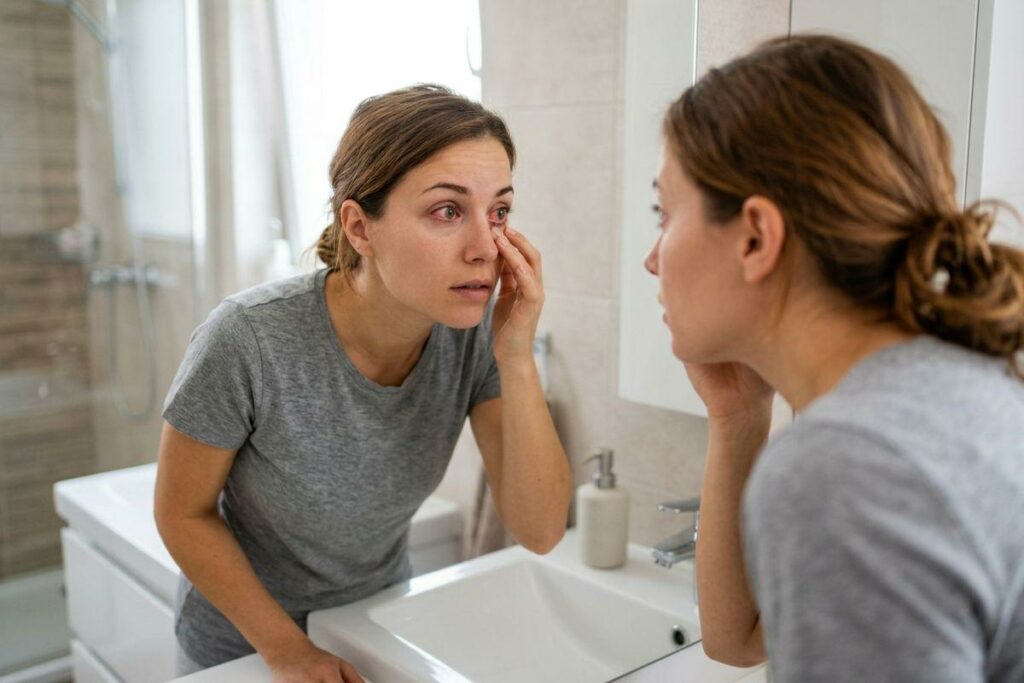 Adult leaning over a bathroom sink, pulling down lower eyelid to inspect a red eye in the mirror, looking concerned.