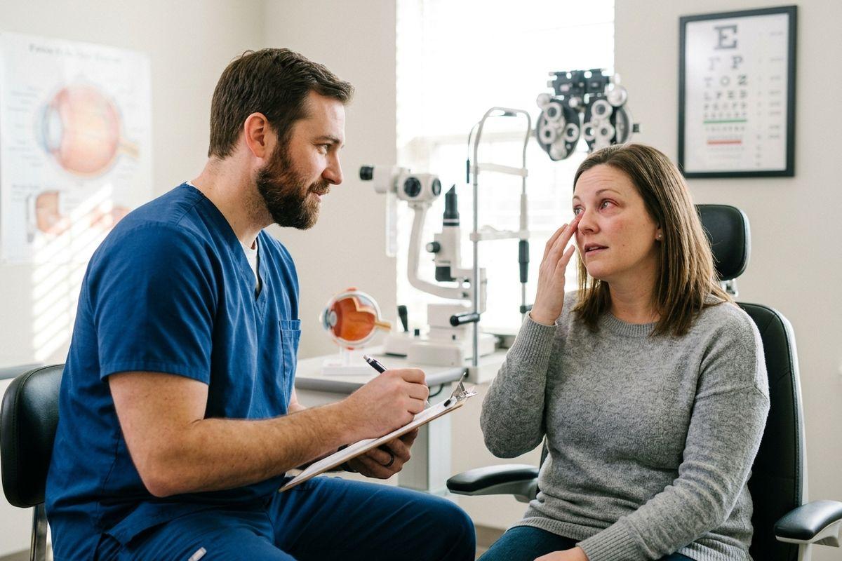 Optometrist with clipboard listens to a seated patient touching their red, irritated eye during a consultation in an eye exam room.