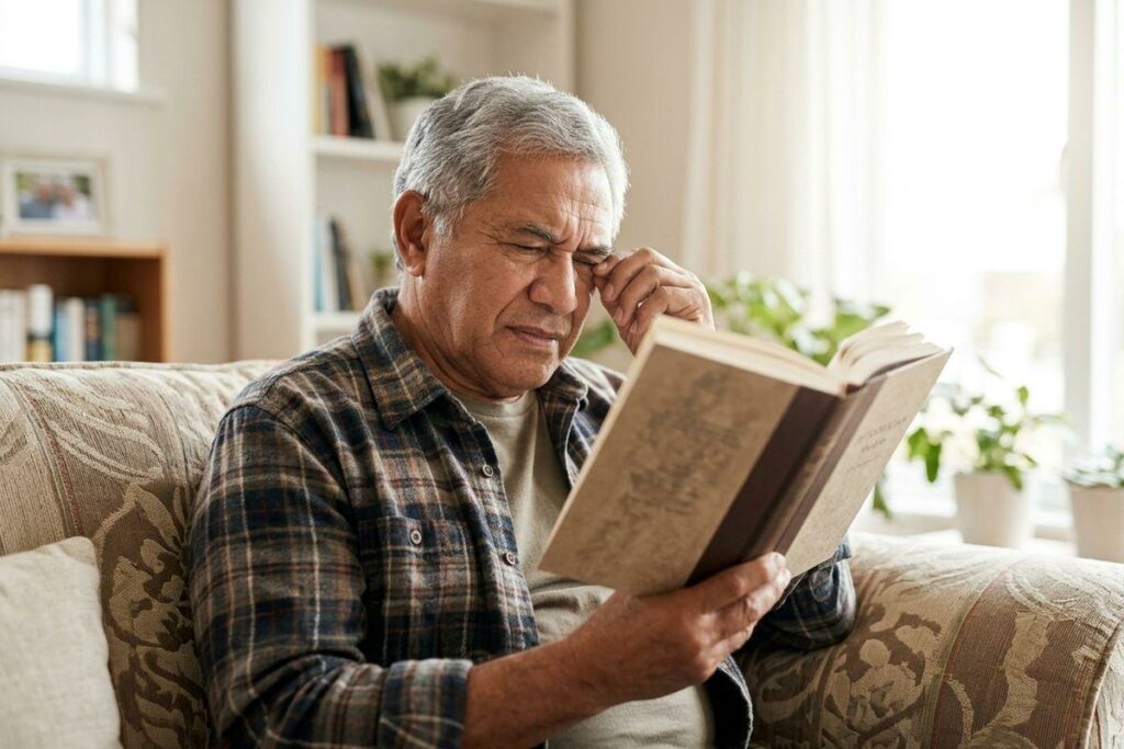 Older adult sitting on a living room sofa, holding an open book and rubbing one eye while squinting.