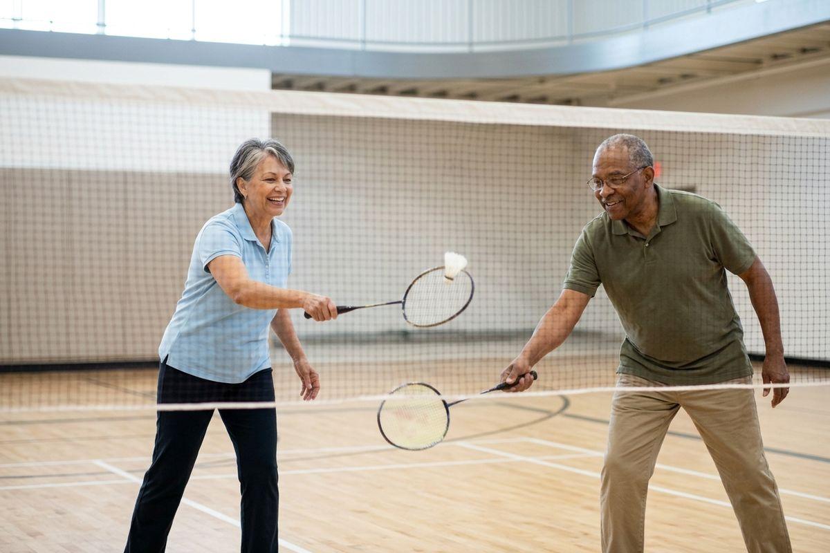 Two smiling older adults playing badminton on an indoor court, holding rackets and looking at a shuttlecock in the air.