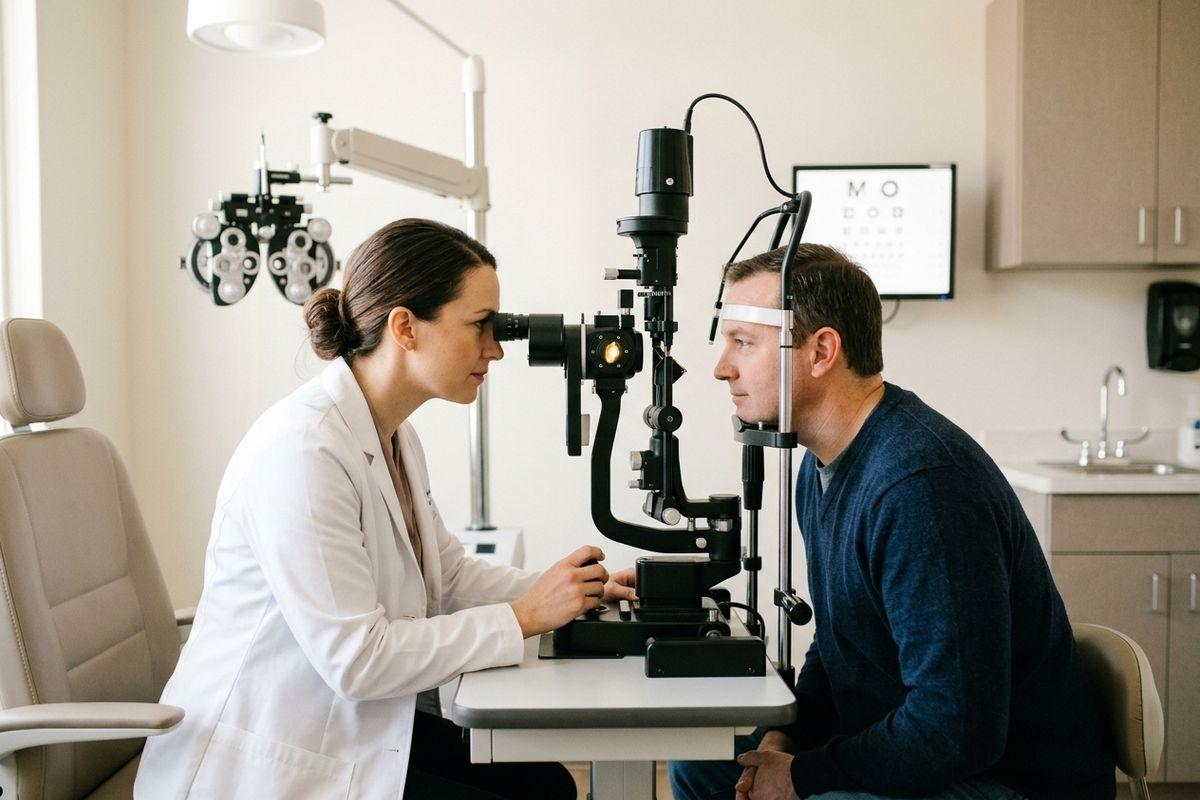 Optometrist examines a patient's eyes using a slit lamp in an exam room with an eye chart on the wall.