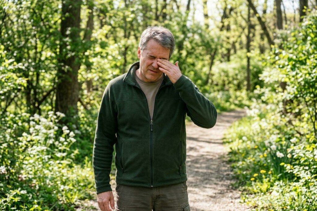 Person in a green jacket rubbing one eye while standing on a wooded path surrounded by green trees and flowers.
