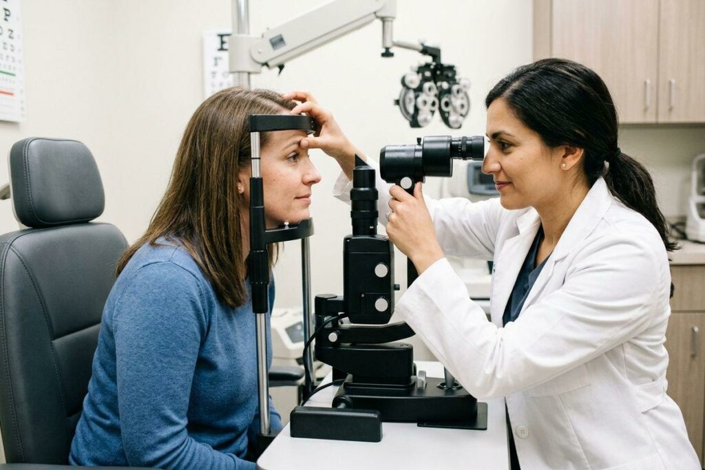 Optometrist examines a patient's eyes using a slit lamp during an eye exam, with an eye chart on the wall behind.