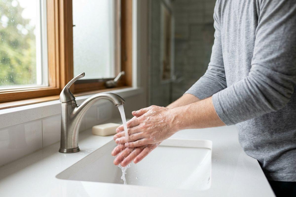 Person washing soapy hands under running water at a white bathroom sink beside a window.