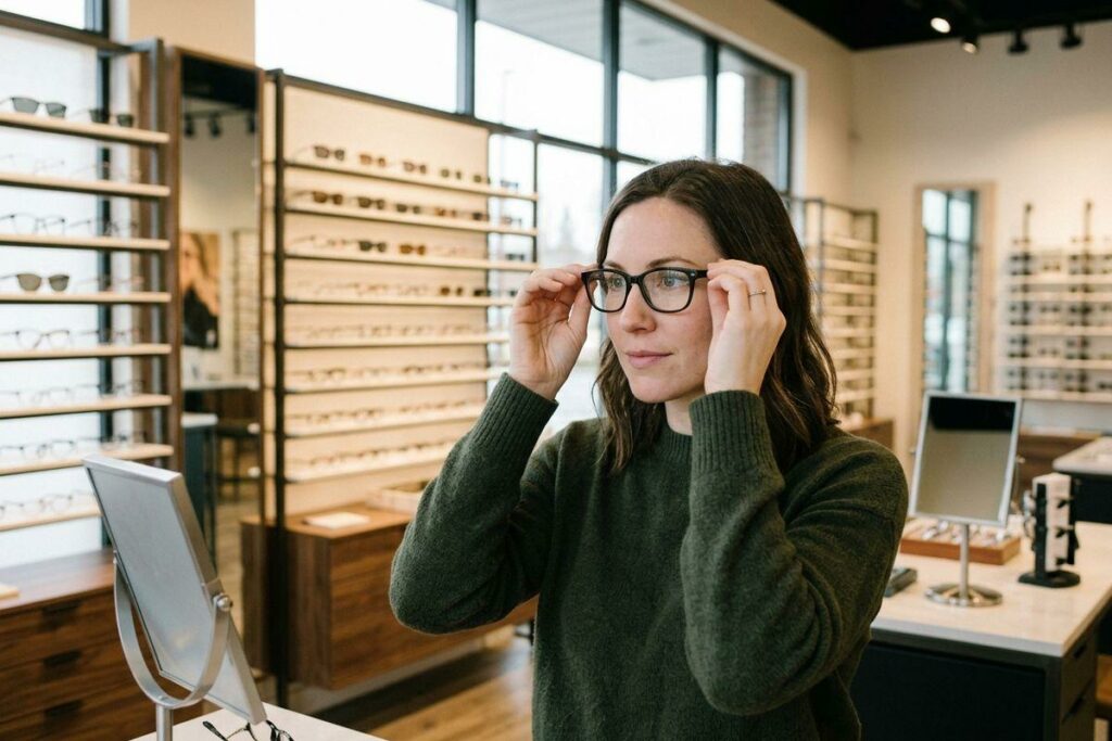 Adult trying on black-framed glasses in an optical store, with display shelves of eyewear and a mirror nearby.