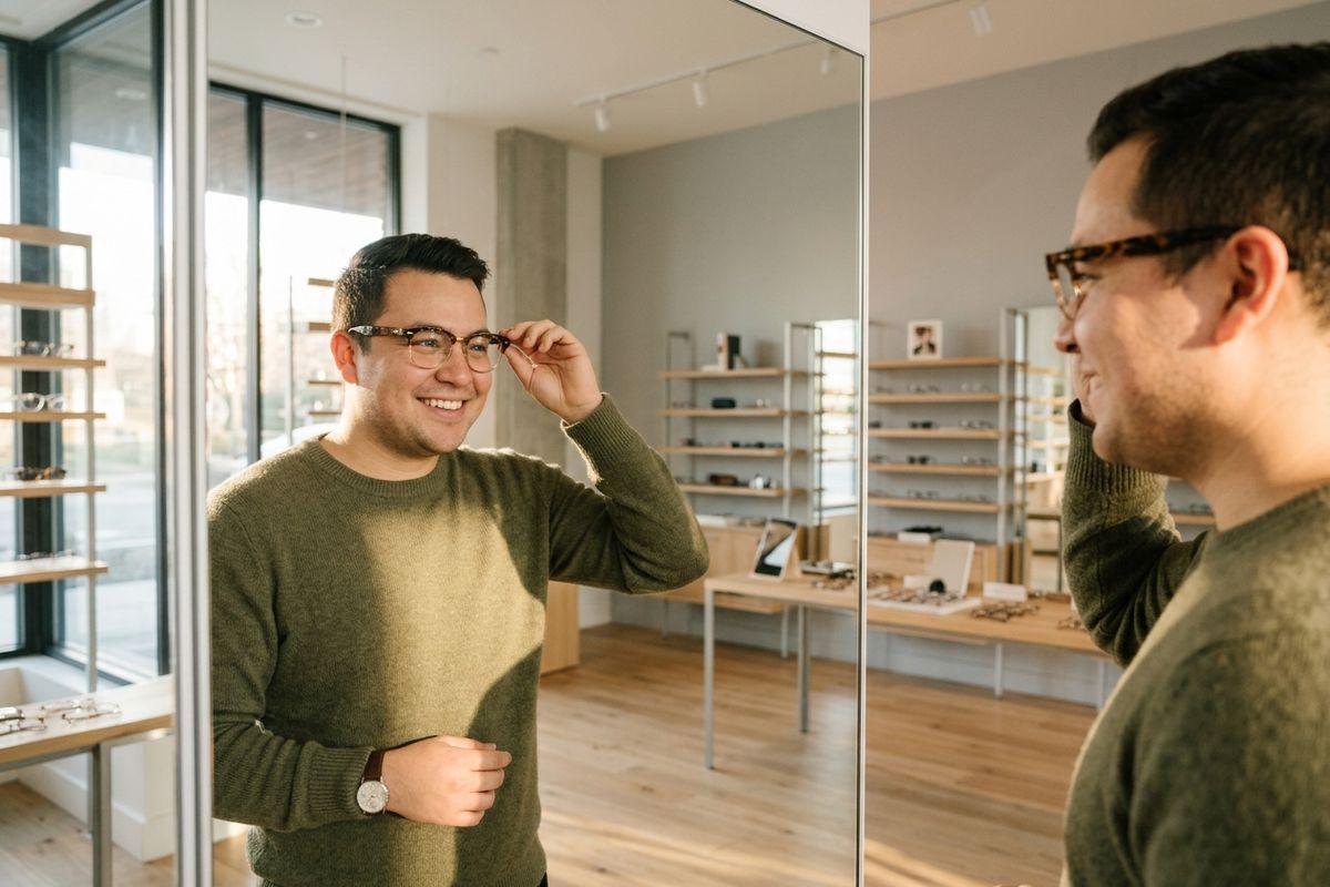 Smiling person tries on tortoiseshell glasses in front of a mirror at an optical shop, with eyewear displays on shelves behind.